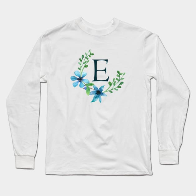 Floral Monogram E Pretty Blue Flowers Long Sleeve T-Shirt by floralmonogram